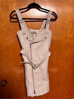 AFTF Basic Faux Leather Moto Pinafore Dress in Light Beige Size M